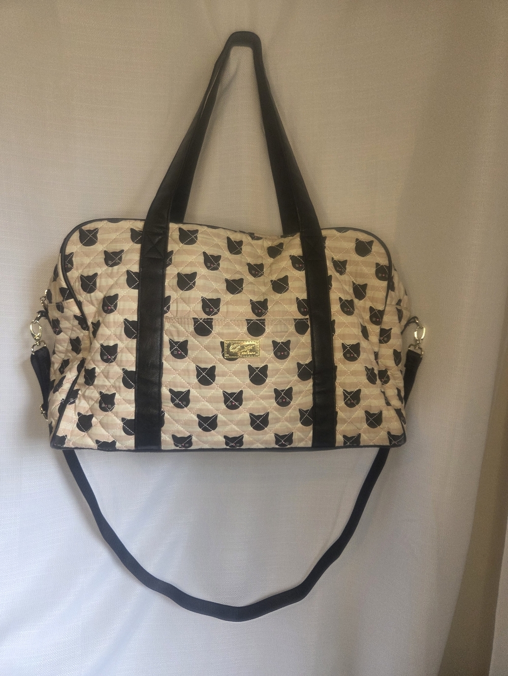 Luv Betsey By Betsey Johnson Striped Cat Print Quilted Fabric Duffel Bag